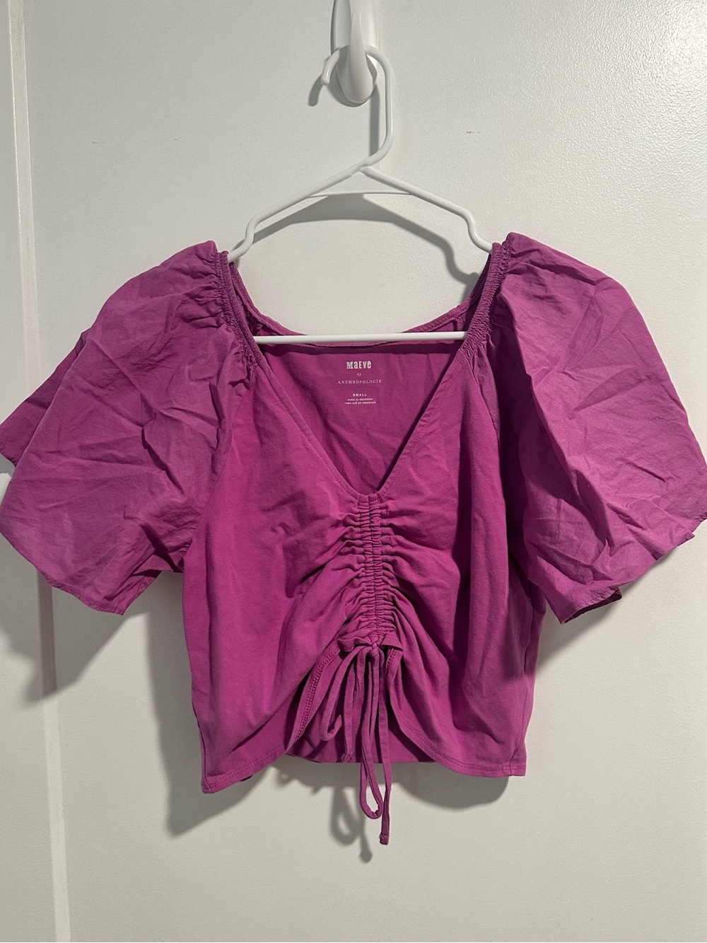 Anthropologie Magenta Ruched V-Neck Puff Sleeve Crop Top